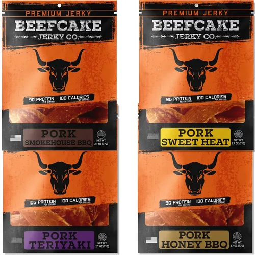 Vista 8 de Beefcake Jerky Ultimate Flavor Sampler (7-Paquete) - Variedad Gourmet de Carne Seca, 9g de Proteína, 80-100 Calorías, 2.7 Oz Cada Una - Snacks