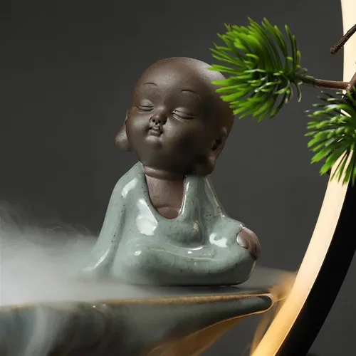 Vista 4 de SUNESA Fuente de mesa Zen de mesa con luz LED y bomba Zen Meditation fuente de cerámica Fengshui decoración interior de escritorio fuente