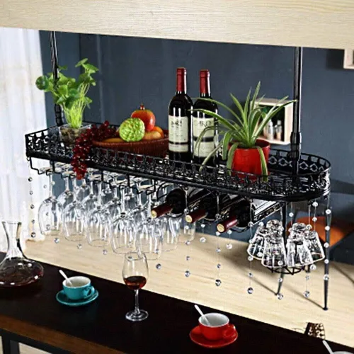 Vista 4 de Wall-Mounted Wine Rack 100x35cm, Metal Wine Bottle & Glass Holder with Shelf, Vintage Bar Storage Organizer(80x35cm)