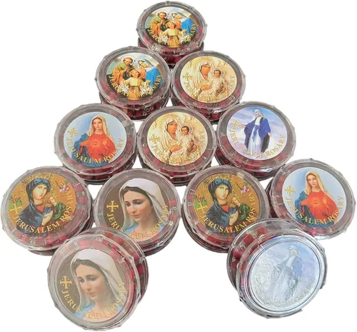 Vista 2 de Doce (12) collares de rosarios católicos perfumados con rosas en cajas de regalo