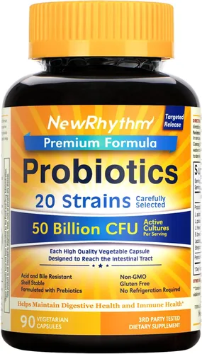 Vista 9 de NewRhythm Probióticos 50 mil millones de UFC, 20 cepas, 60 cápsulas vegetales, tecnología de liberación dirigida, resistente al ácido estomacal, sin