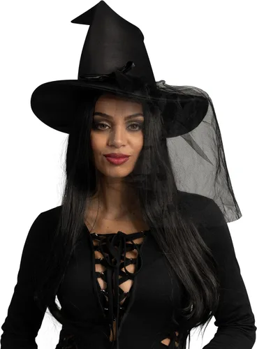 Vista 5 de Spooktacular Creations Sombrero de bruja de malla negra para Halloween, sombrero malvado con velos de encaje para mujer, accesorio de disfraz