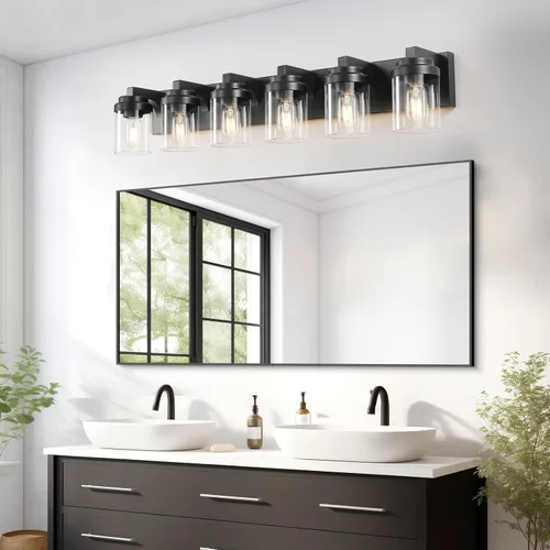 Vista 5 de Luces de tocador, lámparas de baño de 38 pulgadas sobre espejo, 6 luces de tocador de baño con pantalla de vidrio transparente, lámparas de pared