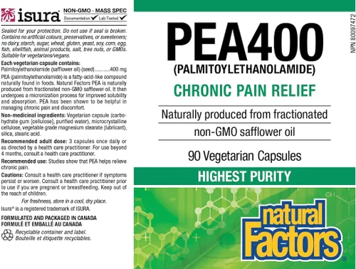 Vista 6 de Natural Factors PEA400 - Palmitoiletanolamida pura para alivio, apoya el sistema nervioso y las molestias ocasionales, sin OMG, 90 cápsulas