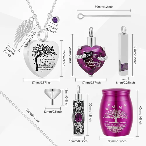 Vista 2 de Urnas pequeñas para cenizas humanas, urnas de cremación, juego de 8, medallón para cenizas de cremación para mujeres y hombres, morado