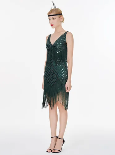 Vista 4 de MISSCHEN Minivestido corto con cuello en V profundo y tirantes delgados para mujer, vestido estilo Gatsby de los años 20