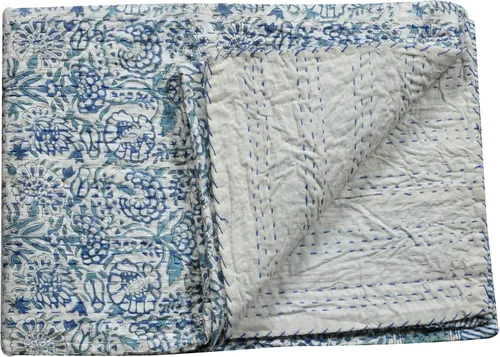 Vista 4 de Colcha india hecha a mano de algodón con estampado floral de Kantha Gudari (individual tamaño individual 90 x 60 pulgadas)