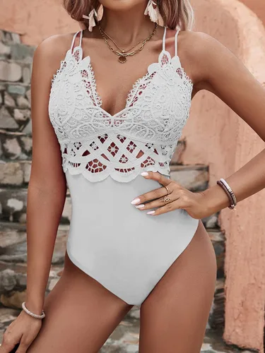 Vista 3 de BSXIJIE Body de encaje para mujer, sexy, cuello en V profundo, entrepierna a presión, de una pieza, con tirantes delgados, parte superior cruzada