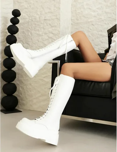 Vista 41 de Parisuit Botas góticas altas hasta la rodilla con hebilla de plataforma para mujer, tacón alto grueso, con cordones, botas de combate punk, con Negro