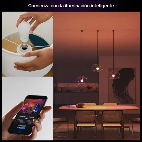 Vista 2 de Philips Hue Essential - Bombilla LED inteligente A19, ambiente blanco y color, base E26, 8.8W, 2200K-6500K, 800 lúmenes, regulable, funciona