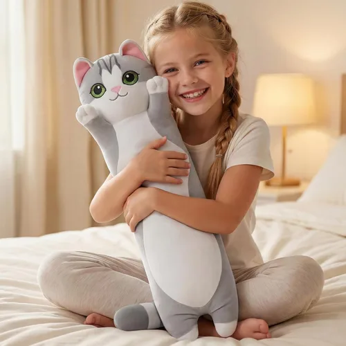 Vista 17 de Almohada larga de felpa negra ultra suave diseñada por artistas de Mewaii, con relleno extra para mayor comodidad, peluche de animal de alta