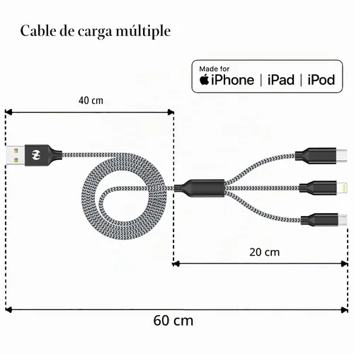 Vista 3 de Cable de carga múltiple de 10 pies, paquete de 2 cables de carga 3 en 1, cable largo de nailon trenzado rápido, cable de carga USB, cable de carga