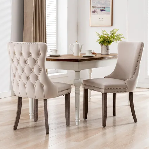 Vista 2 de mikibama Juego de 2 sillas de comedor tapizadas de terciopelo con respaldo de ala, sillas de comedor con patas de madera maciza con botón de cabeza