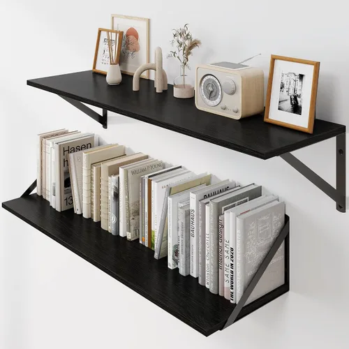 Vista 14 de Heimlove - Estantes flotantes negros profundos para pared, juego de 2 estantes de pared de madera de 16 pulgadas de ancho x 8 pulgadas
