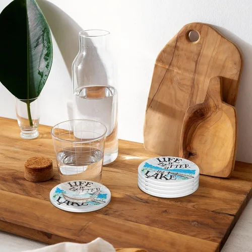 Vista 6 de Life is Better - Juego de 4 posavasos de cerámica absorbente para mesa de café, barra de madera, 4 pulgadas