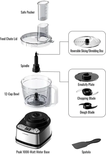 Vista 8 de Procesador de alimentos, 4 programas y pulso, potencia máxima de 1000W, volumen total de 1000 ml para cortar, picar, trocear, rallar, hacer puré