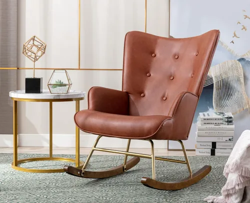 Vista 3 de EALSON Mecedora tapizada de piel, con respaldo copetudo, con base de madera, sillón moderno y cómodo para dormitorio, sala de estar, color marrón PU