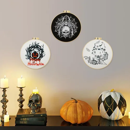 Vista 5 de Armindou Kit de bordado de Halloween para principiantes y adultos, kit de punto de cruz estampado para adultos principiantes, kit de bordado a mano