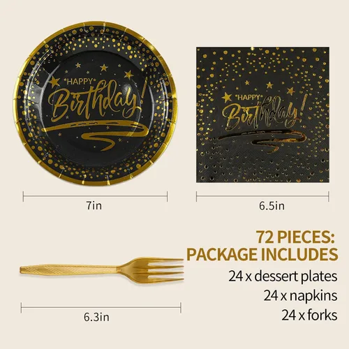 Vista 2 de 72 PIEZAS Platos y Servilletas de Feliz Cumpleaños Suministros para Fiestas, Platos y Servilletas de Papel con Puntos Negros y Dorados con Tenedores