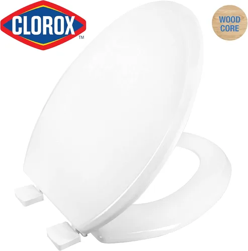 Vista 2 de Clorox Asiento de inodoro de madera alargada con bisagras fáciles de quitar, diseño sin movimiento