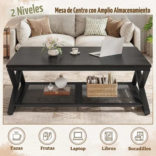 Vista 4 de EnHomee Mesa de Café con Almacenamiento, Mesas de Café Modernas para Sala de Estar con Estante de Malla, Mesa de Centro Rectangular de 2 Niveles
