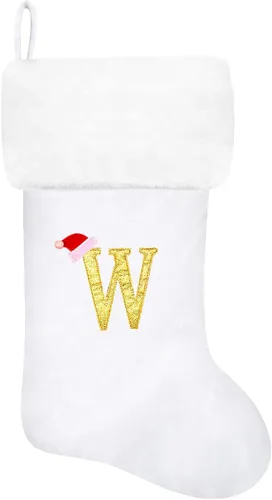 Vista 131 de Calcetines de Navidad bordados de 20 pulgadas con monograma, terciopelo negro con puño de felpa blanca supersuave, adornos clásicos para decoración