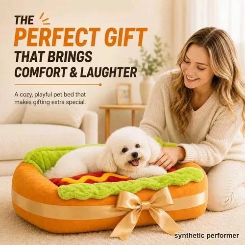 Vista 4 de Cama para perro caliente con forma de perro caliente, sofá cama extraíble y lavable de felpa para perros pequeños, perro salchicha y gatos, parte