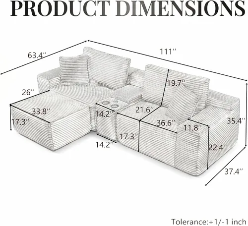 Vista 3 de Sofá modular sin hueso de 111 pulgadas en forma de L con portavasos y puertos de carga USB, sofá modular de 3 asientos con otomana de Negro azabache
