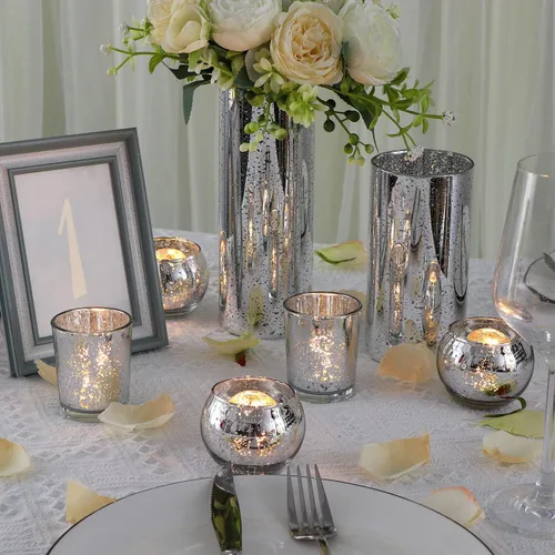 Vista 2 de DEVI Portavelas votivas plateadas, 24 unidades, candelabros para centros de mesa, candelabros de vidrio de mercurio para decoraciones de boda