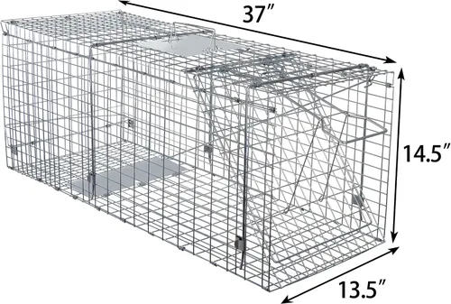 Vista 2 de ANT MARCH Trampa de jaula para animales vivos con guantes de 37 x 13.5 x 14.5 pulgadas, jaula grande de acero para roedores para conejos, gatos