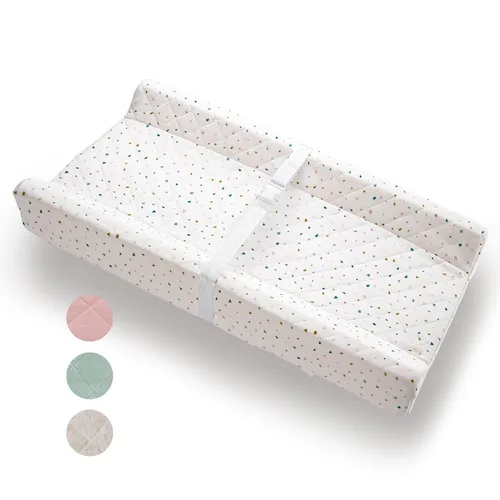 Vista 10 de Cambiador de bebé contorneado de algodón orgánico con colchón de espuma impermeable, incluye funda suave, extraíble y lavable, correa de seguridad