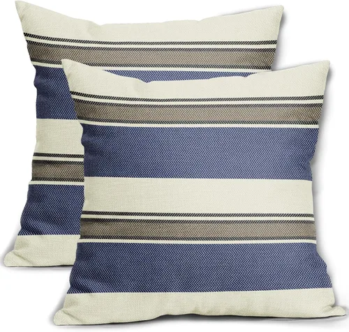 Vista 22 de Juego de 2 fundas de almohada a rayas negras y marrones de 16 x 16 pulgadas, diseño de rayas bohemias con estampado de rayas color crema, fundas