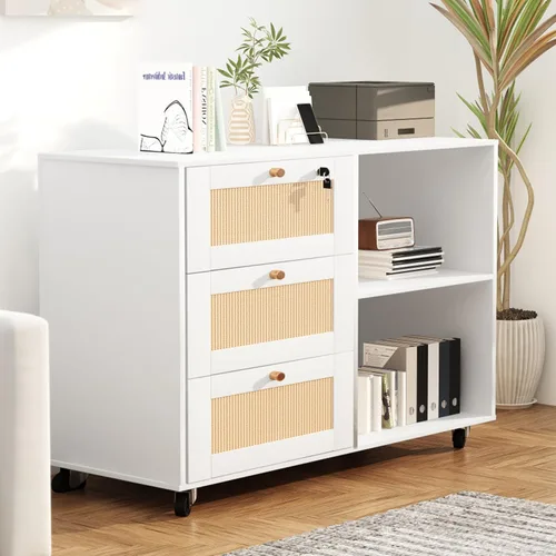 Vista 3 de AWQM Archivador de madera con cerradura, gabinete de almacenamiento de oficina móvil de 3 cajones con 2 estantes abiertos, soporte de impresora