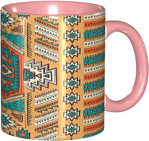 Vista 14 de Taza de café grande de cerámica, taza única tribal, patrón de tribu secreta azteca india, bohemio, 11 onzas, para oficina y hogar, naranja y verde