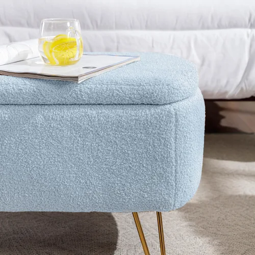 Vista 6 de TTK Otomana con almacenamiento para dormitorio, moderno banco otomano de piel sintética con patas de metal dorado, banco de entrada largo de sherpa