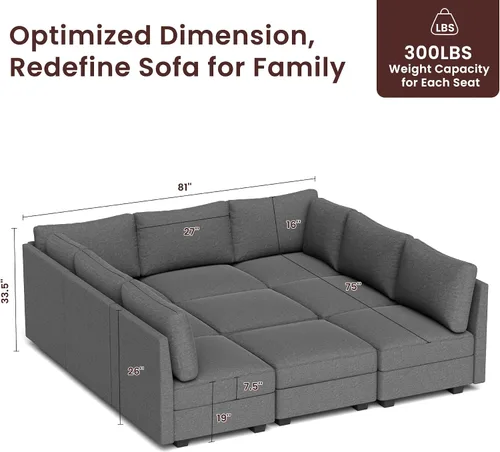 Vista 2 de Moderno sofá modular de 9 plazas, sofá cama convertible en forma de U con almacenamiento, tela de lino sin brazos en forma de L para sala de estar