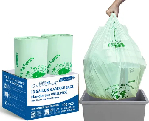 Vista 16 de BEIDOU-PAC Bolsas de basura compostables certificadas de 1.6 galones con asa, 125 bolsas de basura pequeñas de compost para cocina, bolsas de basura