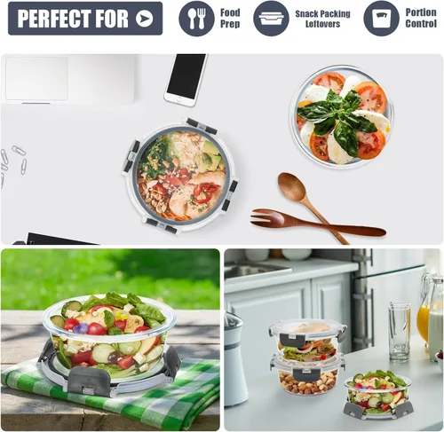 Vista 6 de Paquete de 6 recipientes de vidrio para almacenamiento de alimentos con tapas, ideales para preparación de comidas, sobras, aptos para congelador a