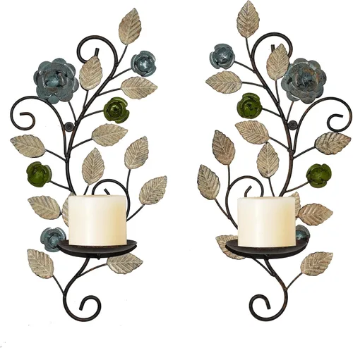 Vista 6 de Juego de 2 candelabros de pared, diseño de ramas de hojas multicolor antiguas, soporte de pared de metal para colgar velas para sala de estar