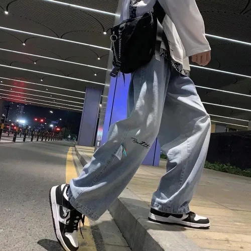 Vista 3 de Pantalones de mezclilla para hombre sueltos rectos casuales de pierna ancha para hombre hip hop ropa de calle vintage pantalones holgados
