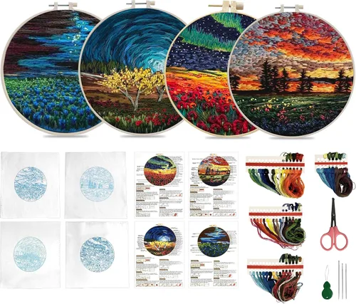 Vista 4 de Maydear Paquete de 4 kits de inicio de bordado con patrón, kits de punto de cruz estampados para principiantes y adultos con aro de bordado e