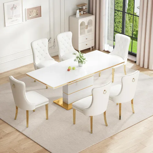 Vista 3 de Mesa de comedor moderna para 6 personas, mesa de comedor grande de cocina de 63 pulgadas con parte superior de laca para hornear, placa base de Mesa
