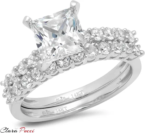 Vista 5 de Juego de anillos de compromiso de 2,66 quilates de corte princesa con moissanita auténtica y diamantes de imitación, de oro blanco sólido de 14