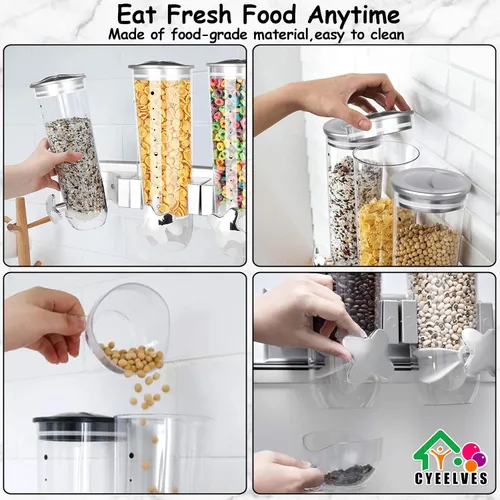 Vista 8 de Dispensador de alimentos montado en la pared, dispensador de cereales con taza, dispensador de alimentos secos montado en la pared, dispensador