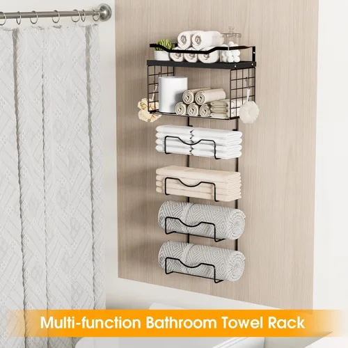 Vista 2 de Toalleros para baño, toallero montado en la pared, soporte para toallas de 6 niveles enrolladas o dobladas con estantes flotantes, portotoallas