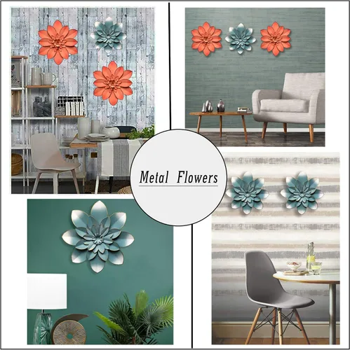 Vista 5 de Decoración artística de pared de flores de metal azul, escultura floral rústica moderna de 9.5 pulgadas, decoración desgastada para colgar