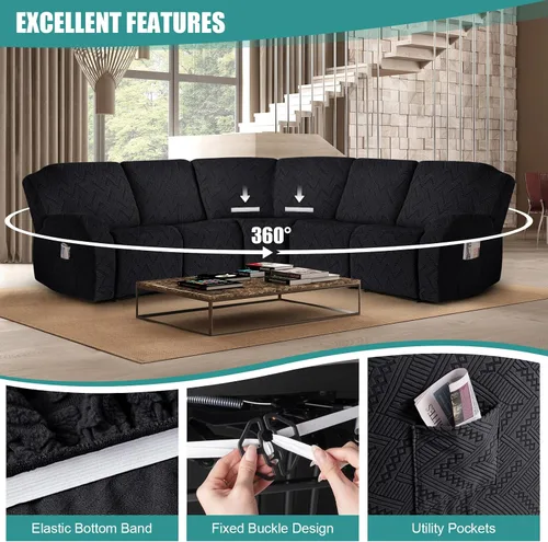 Vista 5 de Fundas de sofá modular de gran tamaño en forma de L para sofá reclinable de 5 asientos, fundas seccionales lavables y suaves extra grandes con Negro