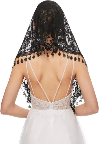 Vista 5 de Nanchor Velo de mantilla velo triángulo velos de encaje cubierta de cabeza de iglesia velo de novia para damas de honor de boda, Negro triángulo