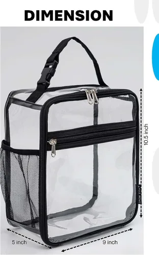 Vista 3 de Lonchera transparente, reutilizable, bolsa transparente para el trabajo, picnic, control de seguridad (pequeña), color negro