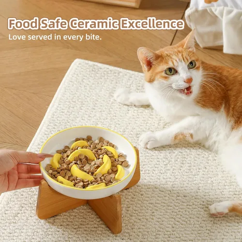 Vista 6 de Cuenco elevado para gatos de alimentación lenta – Plato de cerámica para gatos con soporte de bambú antideslizante – Tazón de alimentación apto